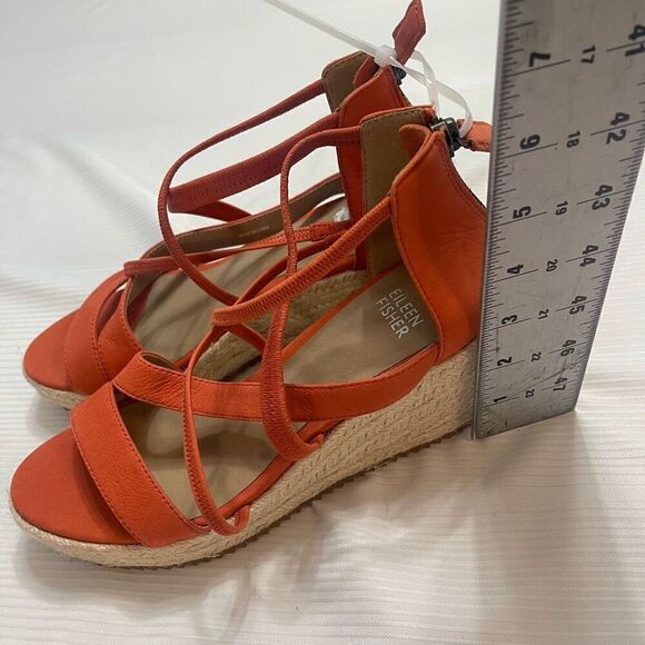 Eileen Fisher Wanda Wedge Strappy Sandals Orange Leather Zip Back Size 6 New - Picture 6 of 9